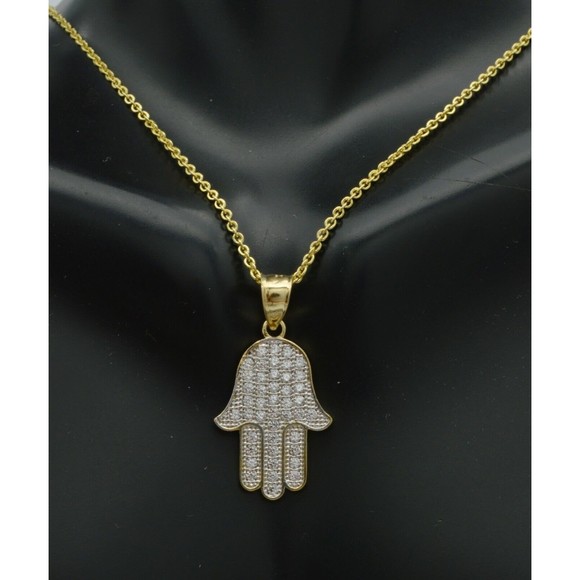 14K Solid Yellow Gold Hamsa cz Pendant Good Luck Charm